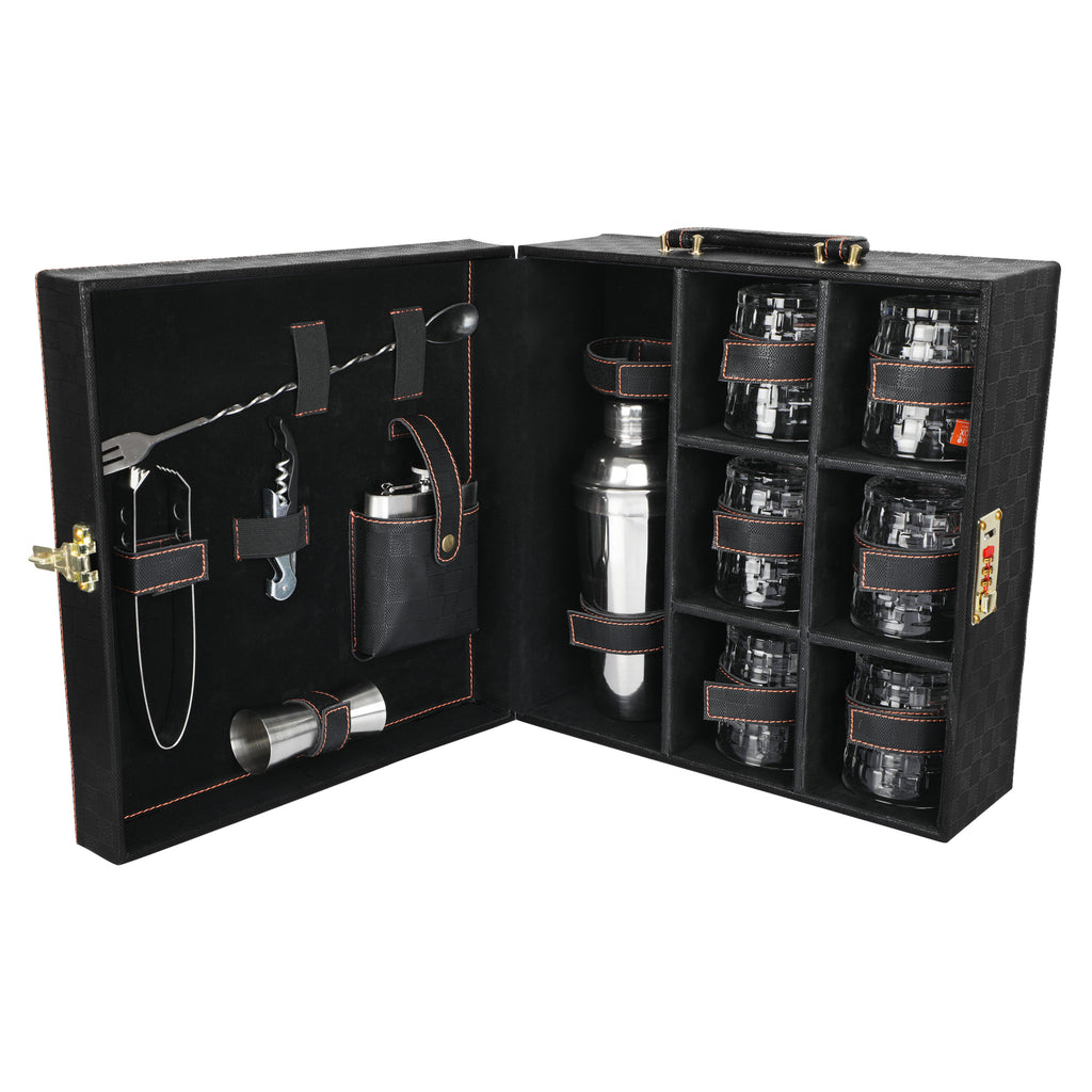 Anything & Everything Portable Cocktail Bar Accessories Set | Portable Leatherette Bar Set (Holds 06 Glasses) - Check (Black & Black)