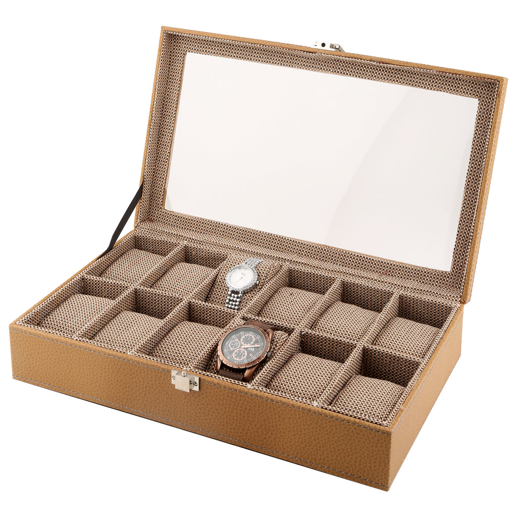 Anything & Everything Watch Box | Watch Case | Watch Holder | Watch Organizer - Holds 12 Watches (BEIGE) - Transparent Top