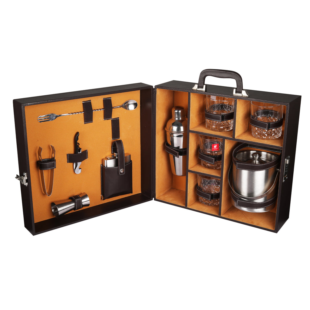 Anything & Everything Bar Set with Ice Bucket | Portable Leatherette Bar Set | Wine Case | Whisky Case | Wooden Bar Set for Picnic | Portable Bar Accessories Set (04 Whisky Glasses) (Brown & Beige)