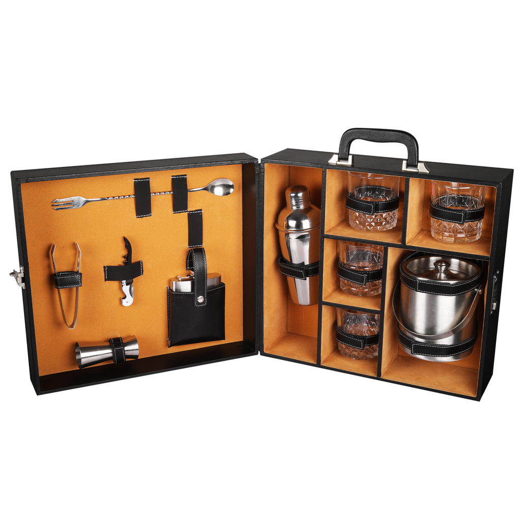 Anything & Everything Bar Set with Ice Bucket | Portable Leatherette Bar Set | Wine Case | Whisky Case | Wooden Bar Set for Picnic | Portable Bar Accessories Set (04 Whisky Glasses) (Black & Beige)