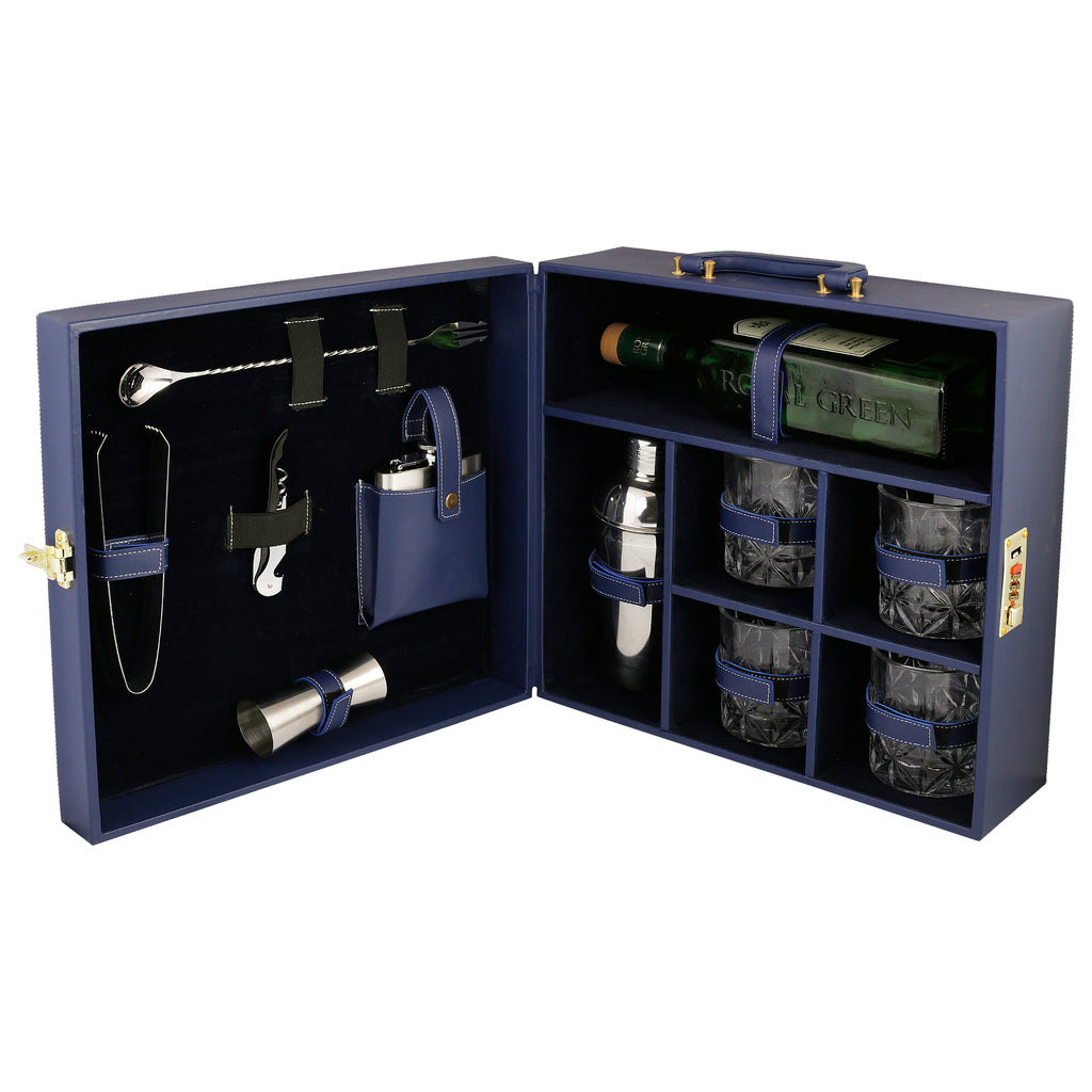 Anything & Everything Bar Set | Wine Case | Whisky Case | Portable Bar Accessories Set (Holds 01 Bottle & 04 Whisky Glasses) (Blue & Blue)