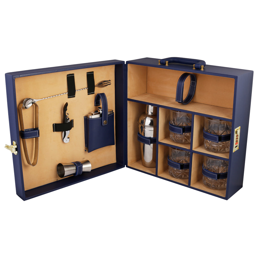 Anything & Everything Bar Set | Wine Case | Whisky Case | Portable Bar Accessories Set (Holds 01 Bottle & 04 Whisky Glasses) (Blue & Beige)