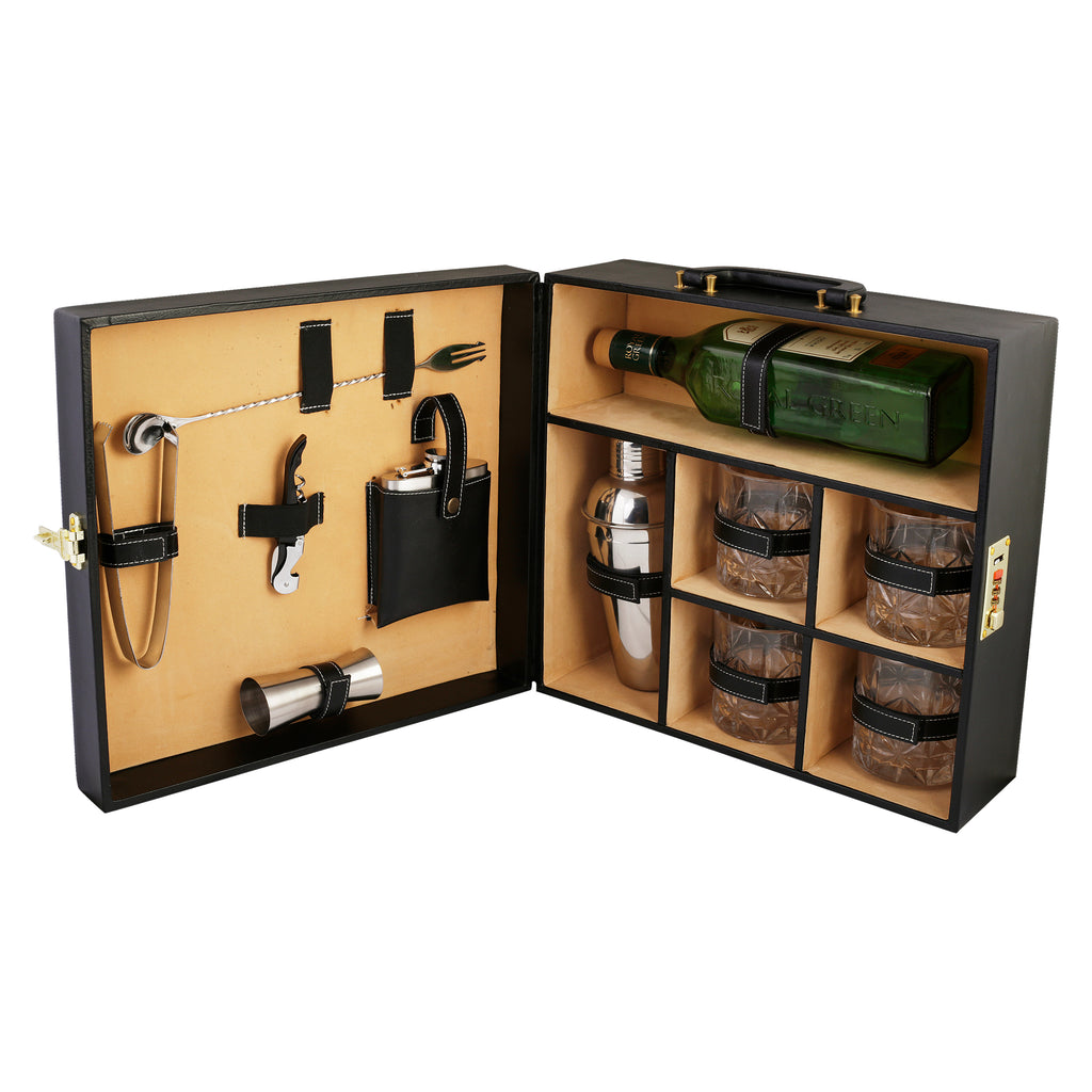 Anything & Everything Bar Set | Wine Case | Whisky Case | Portable Bar Accessories Set (Holds 01 Bottle & 04 Whisky Glasses) (Black & Beige)