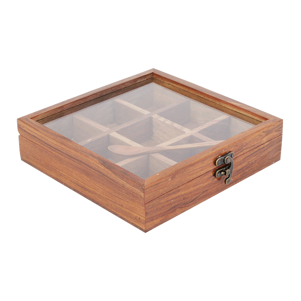 Anything & Everything Spice Box - Sheesham Wood Spice Box Container - Spice Box with Glass Transparent Top - Wooden Masala Box