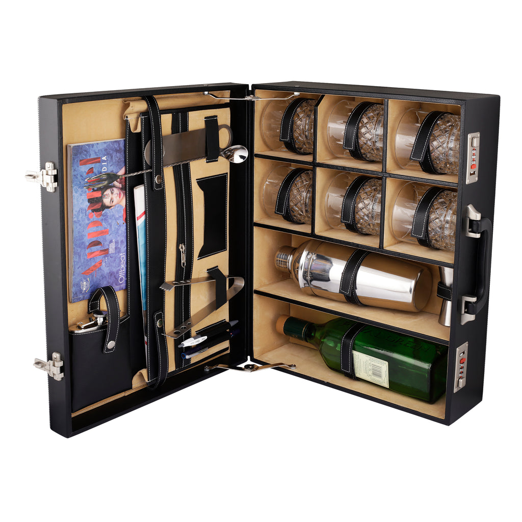 Anything & Everything Leatherette Briefcase Bar Set | Portable Bar Set | Travel Bar Set | Bar Tool Set | Bar Box (Black & Beige)