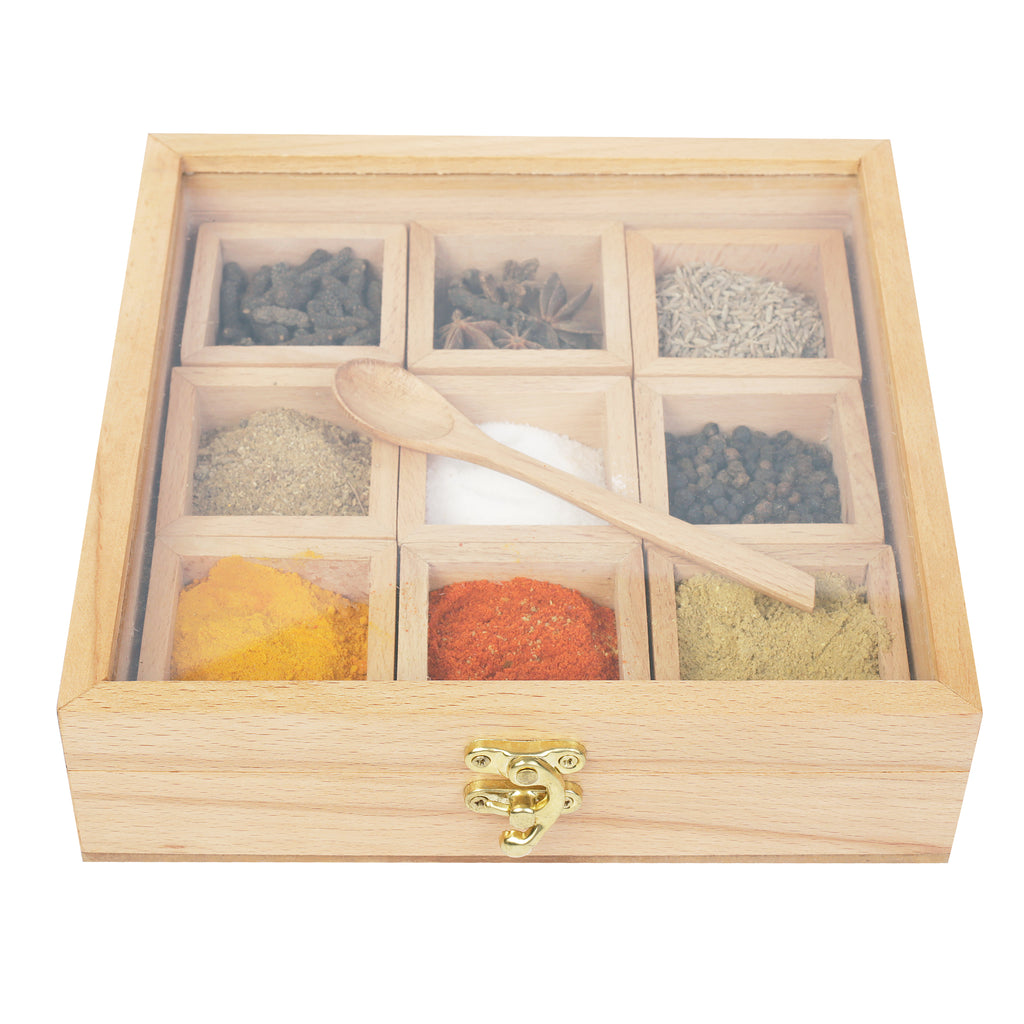 Anything & Everything Wooden Spice Box - Wood Spice Box Container - Spice Box with Transparent Top - Natural