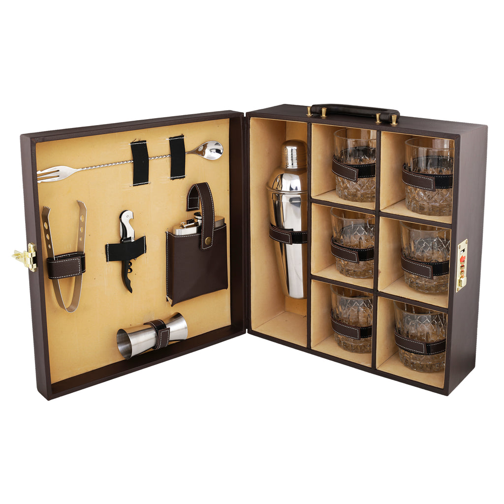 Anything & Everything Portable Cocktail Bar Accessories Set | Travel Bar Set | Portable Bar Box (Holds 06 Glasses) (Brown & Beige)