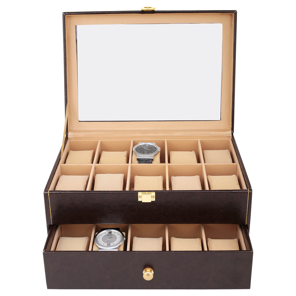 Anything & Everything Watch Box | Watch Case | Watch Holder | Watch Organizer - Holds 20 Watches (CHOCOLATE BROWN) - Transparent Top