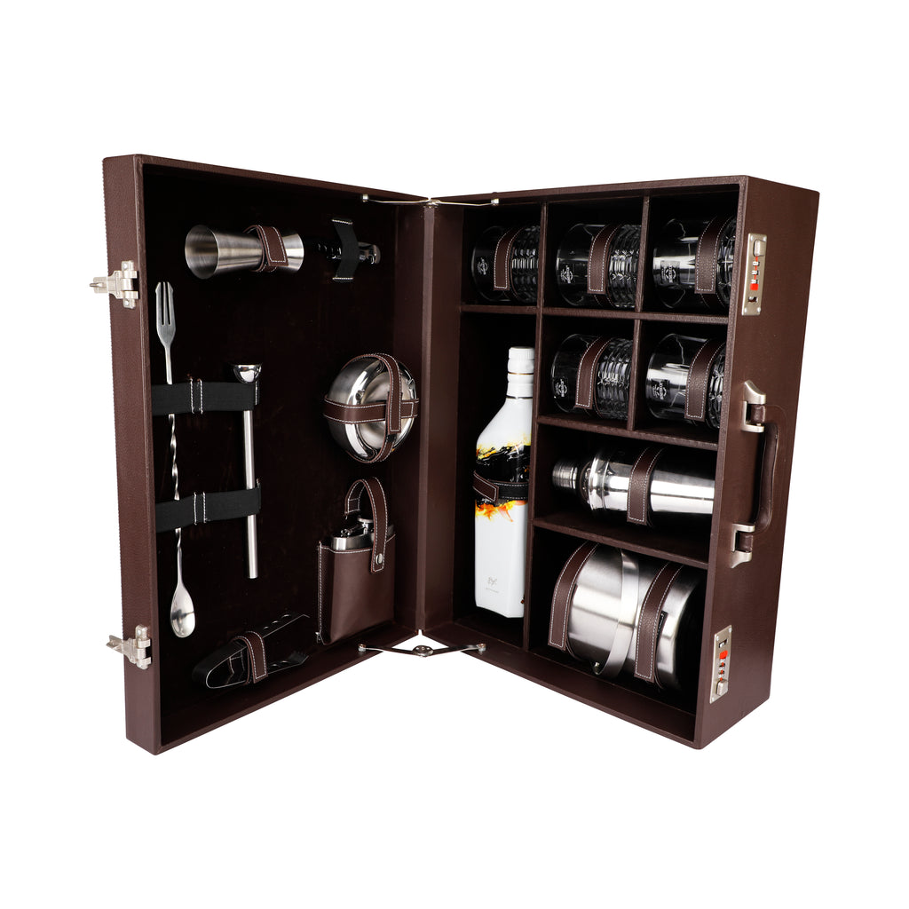 Anything & Everything Bar Set | Portable Leatherette Bar Set | Portable Bar Accessories Set (Holds 01 Bottle & 05 Whisky Glasses)