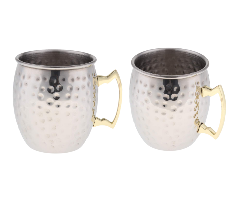 Anything & Everything Stainless Steel Moscow Mule Beer Mug with Brass Handle, Hammered Mug (Set of 2) (Silver)