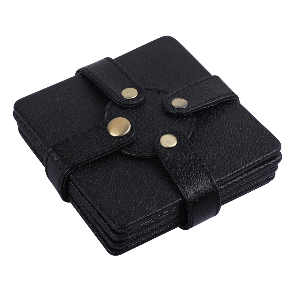 Anything & Everything Premium Vegan Leather Coaster, Set of 4 (Black)