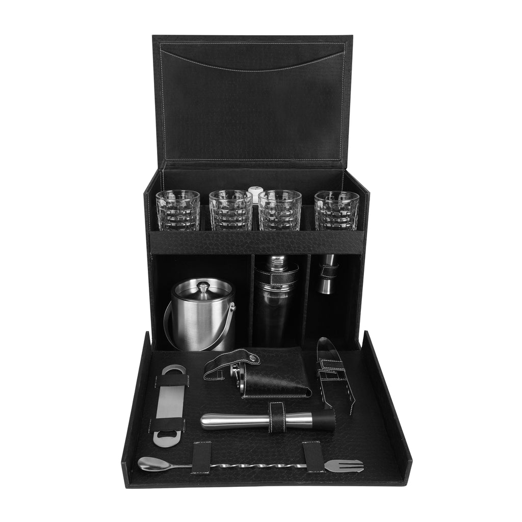 Anything & Everything Table Top Croc Leather Portable Bar Box with Accessories Set & 4 Whisky Glasses | Min Bar For Home (Black & Black)