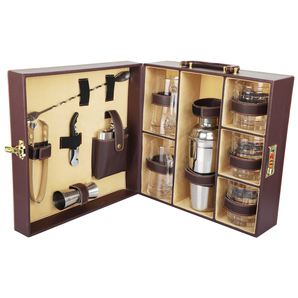 Anything & Everything Bar Set | Portable Bar Accessories Set (Holds 01 Bottle, 2 Beer Mugs & 03 Whisky Glasses) - Brown & Beige