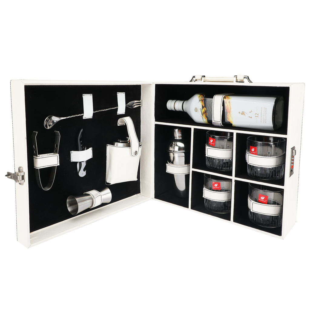 Anything & Everything Bar Set | Wine Case | Whisky Case | Portable Bar Accessories Set (Holds 01 Bottle & 04 Whisky Glasses) (White & Black)