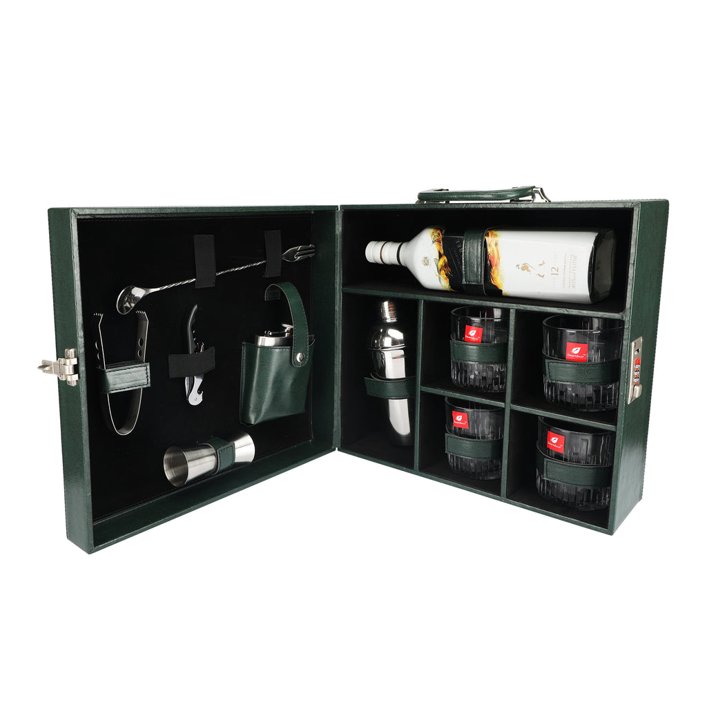 Anything & Everything Bar Set | Wine Case | Whisky Case | Portable Bar Accessories Set (Holds 01 Bottle & 04 Whisky Glasses) (Green)
