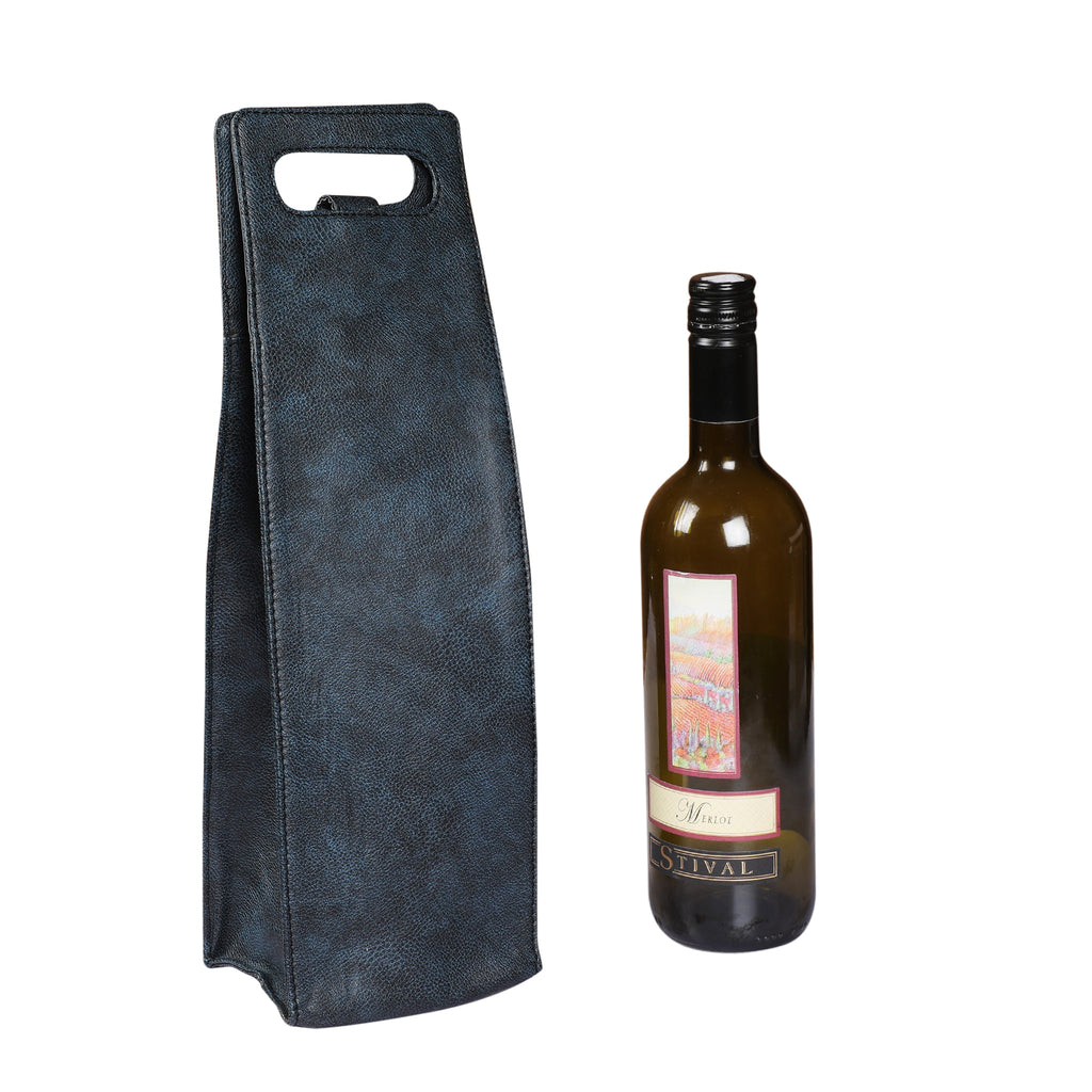 Anything & Everything Faux Vegan Leather Wine Bottle Holder, Wine Bag, Hot/Cold Container Cover/Case Bag, Bottle Carry Bag - Blue & Black