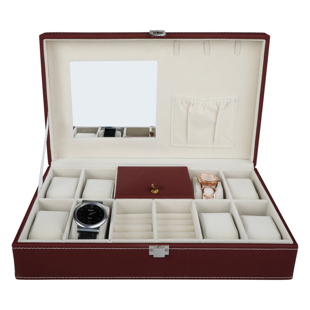 Anything & Everything Leatherite Watch And Jewelry Box Organizer For Men & Women (RED WINE)