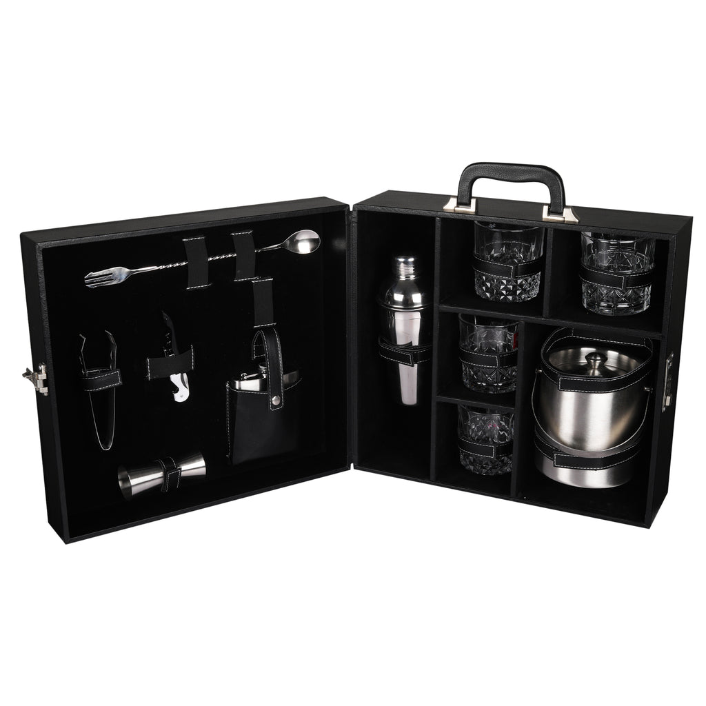 Anything & Everything Bar Set with Ice Bucket | Portable Leatherette Bar Set | Wine Case | Whisky Case | Wooden Bar Set for Picnic | Portable Bar Accessories Set (04 Whisky Glasses) (Black & Black)