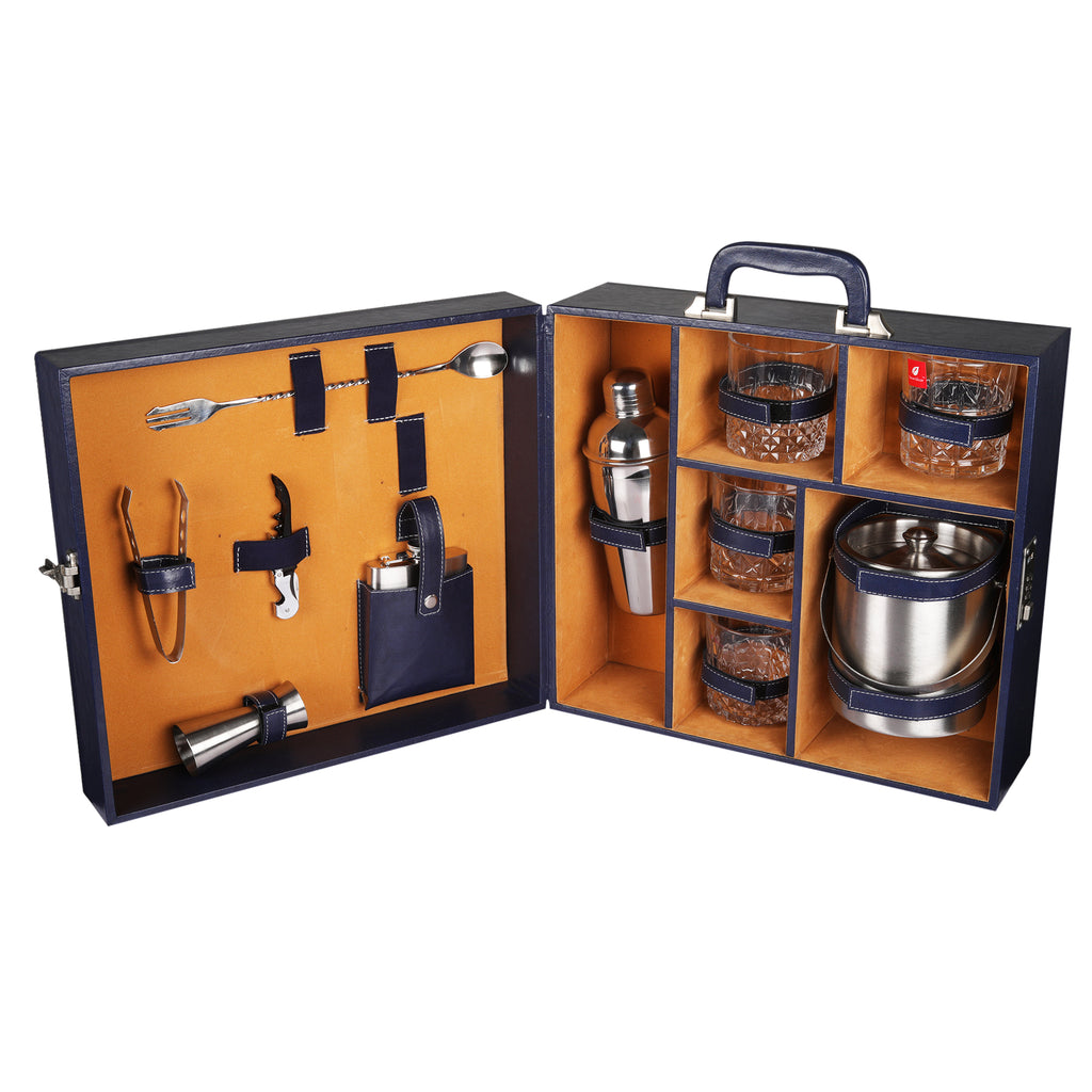 Anything & Everything Bar Set with Ice Bucket | Portable Leatherette Bar Set | Wine Case | Whisky Case | Wooden Bar Set for Picnic | Portable Bar Accessories Set (04 Whisky Glasses) (Blue & Beige)