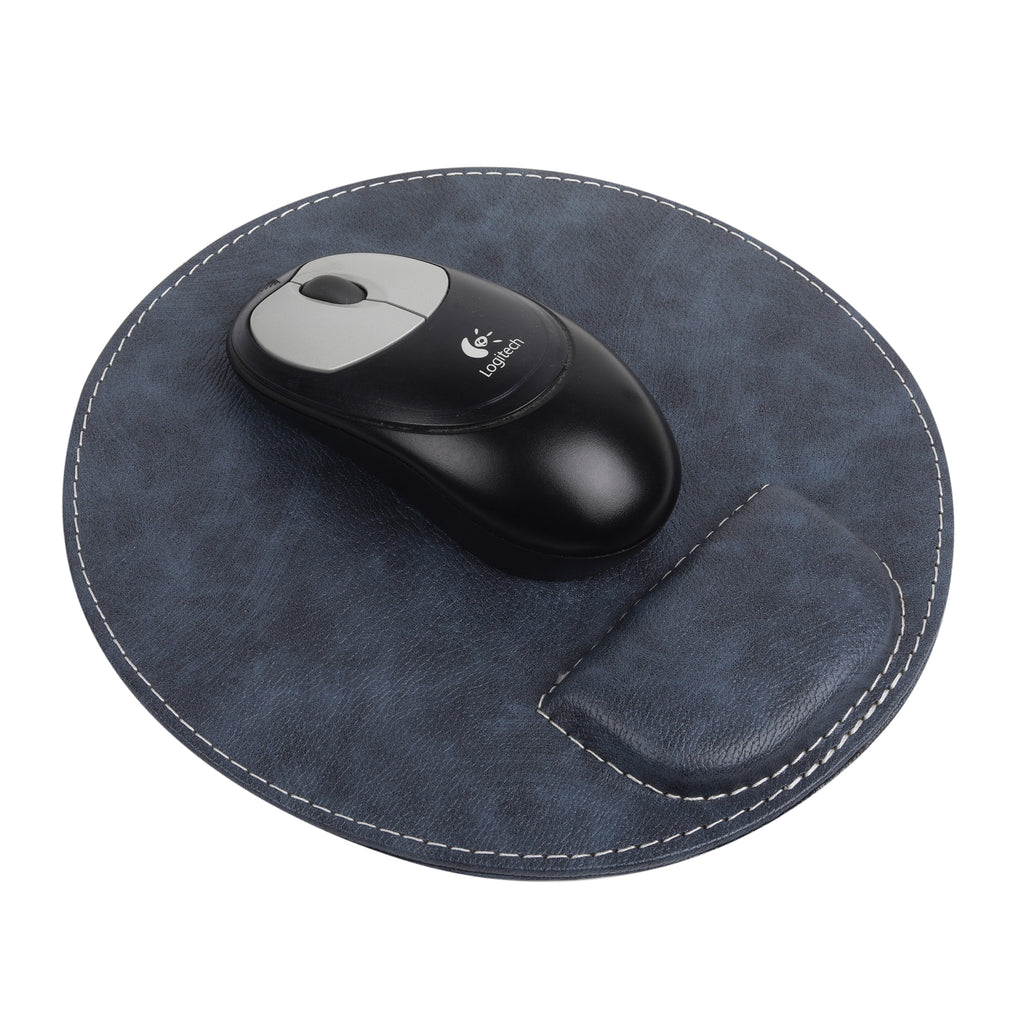 Anything & Everything Round Vegan Leather Mouse Pad with Wrist Rest, Non-Slip Backing, Waterproof, Stitched Edge, Handmade, Eco-Friendly (Pack of 1) (Blue Black)