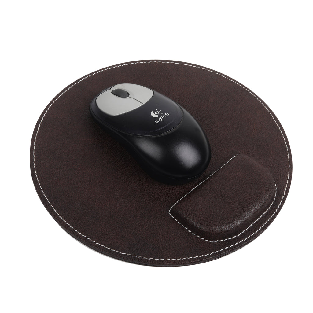 Anything & Everything Round Vegan Leather Mouse Pad with Wrist Rest, Non-Slip Backing, Waterproof, Stitched Edge, Handmade, Eco-Friendly (Pack of 1) (Brown)
