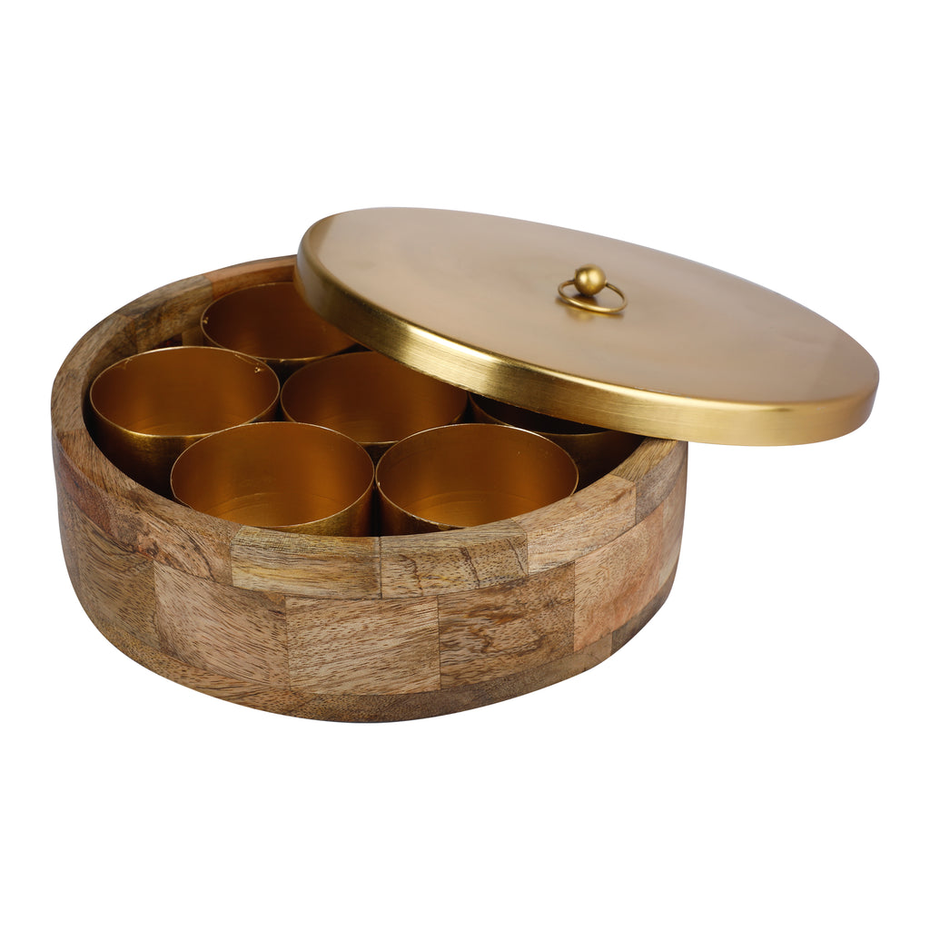 Anything & Everything Wooden Spice Box & Containers, Round Powder Container Set with Iron lid for Storage Tabletop - Brass Finish (7 Jars)