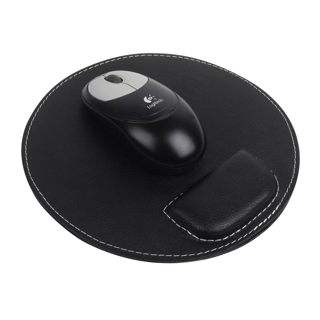 Anything & Everything Round Vegan Leather Mouse Pad with Wrist Rest, Non-Slip Backing, Waterproof, Stitched Edge, Handmade, Eco-Friendly (Pack of 1) (Black)