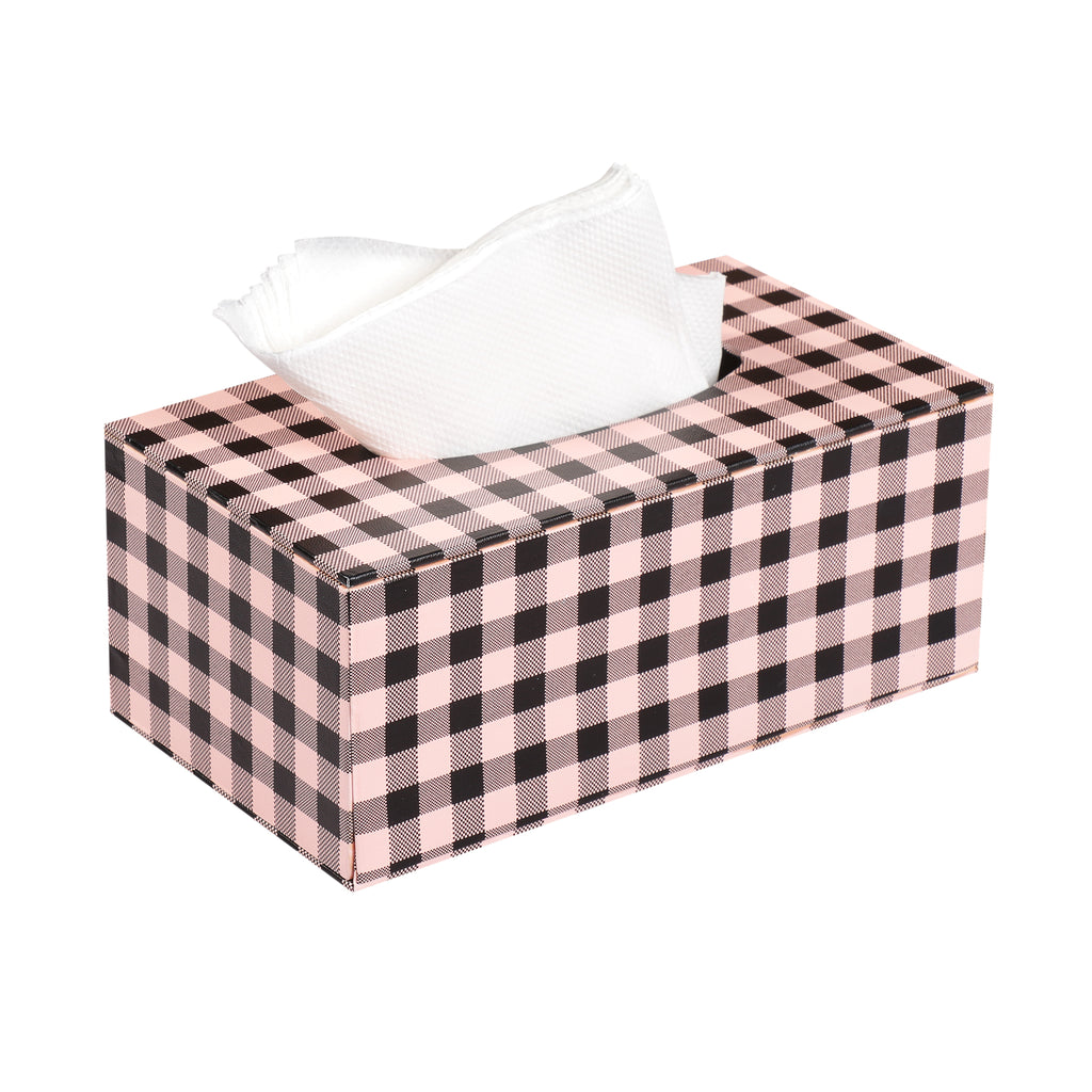 Anything & Everything Faux Leather Tissue Box Holder, Napkin Holder Box for Home and Car (Check) Black & Pink