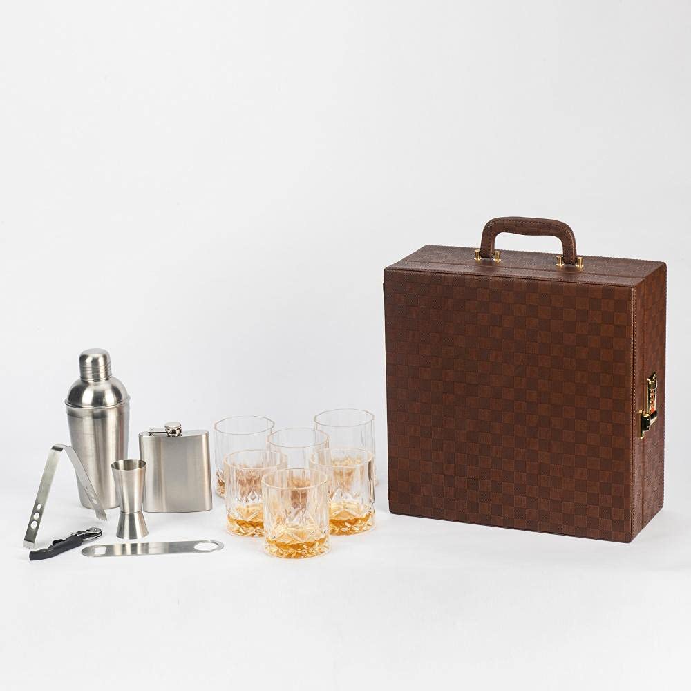 Anything & Everything Portable Cocktail Bar Accessories Set | Travel Bar Set (Holds 06 Glasses) Check (Brown & Brown)