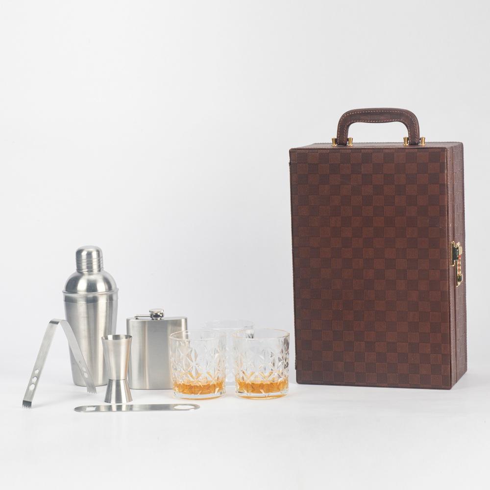 Anything & Everything Portable Leatherette Bar Set | Bar Set for Picnic | Bar Set for Travel | Bar Set for car - Check (Brown)