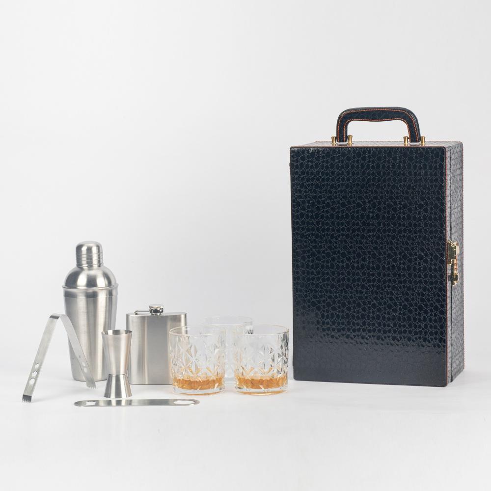 Anything & Everything Portable Whiskey Case Set - Black Croc Leatherette