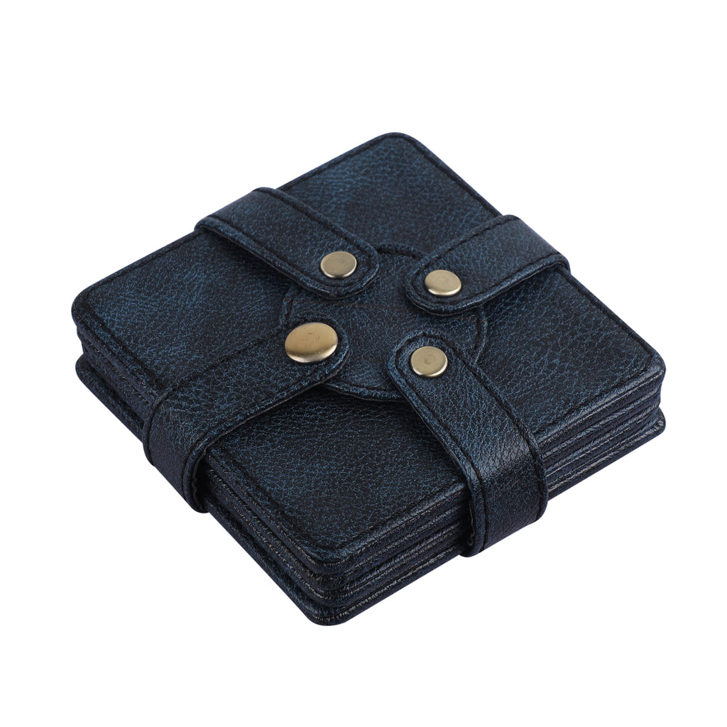 Anything & Everything Premium Vegan Leather Coaster, Set of 4 (Blue & Black)