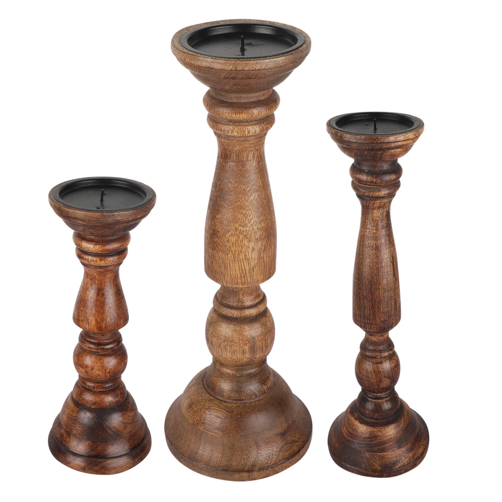 Anything & Everything Handmade Wooden Candle Holder Stand for Home Decor on Christmas and Diwali (Set of 3) (Burned)