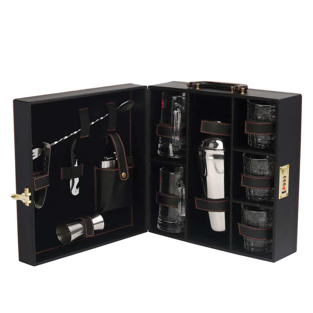 Anything & Everything Bar Set | Portable Leatherette Bar Set (Holds 01 Bottle, 2 Beer Mugs & 03 Whisky Glasses) - Black & Black