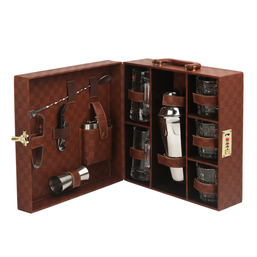 Anything & Everything Bar Set | Portable Leatherette Bar Set (Holds 01 Bottle, 2 Beer Mugs & 03 Whisky Glasses) - Brown & Brown (Check)