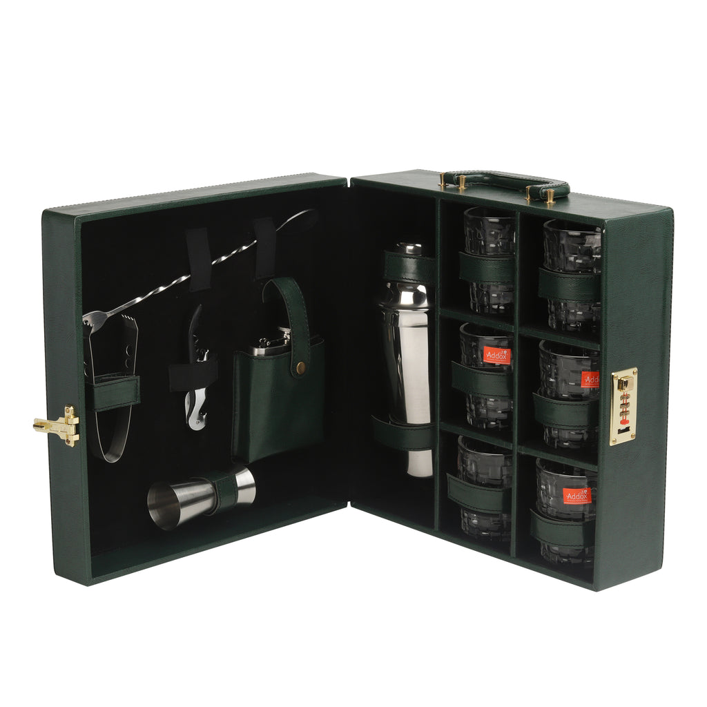 Anything & Everything Portable Bar Set | Portable Leatherette Bar Set (Holds 06 Glasses) - Green