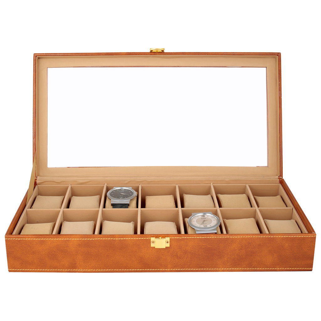 Anything & Everything Watch Box | Watch Case | Watch Holder | Watch Organizer - Holds 14 Watches (BROWN) - Transparent Top