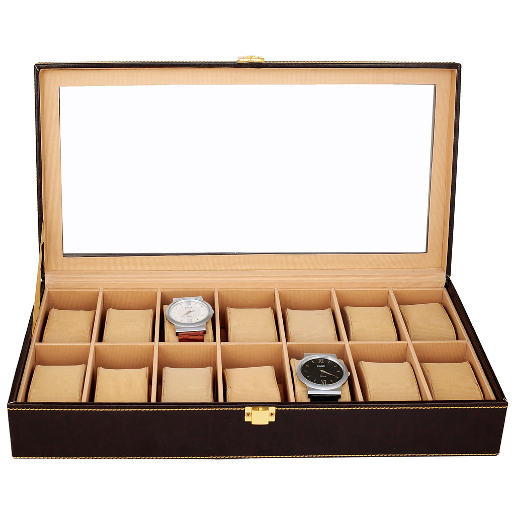 Anything & Everything Watch Box | Watch Case | Watch Holder | Watch Organizer - Holds 14 Watches (CHOCOLATE BROWN) - Transparent Top