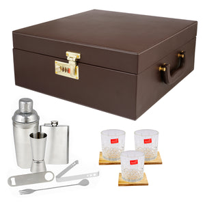 Anything & Everything Bar Set | Wine Case | Whisky Case | Portable Bar Accessories Set (Holds 01 Bottle & 04 Whisky Glasses) (Brown & Beige)