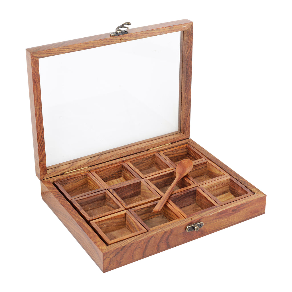 Anything & Everything Wooden Spice Box with 12 Container & Glass Transparent Top | Wooden Spice Box with 12 Compartments | Wooden Multi-Utility Box