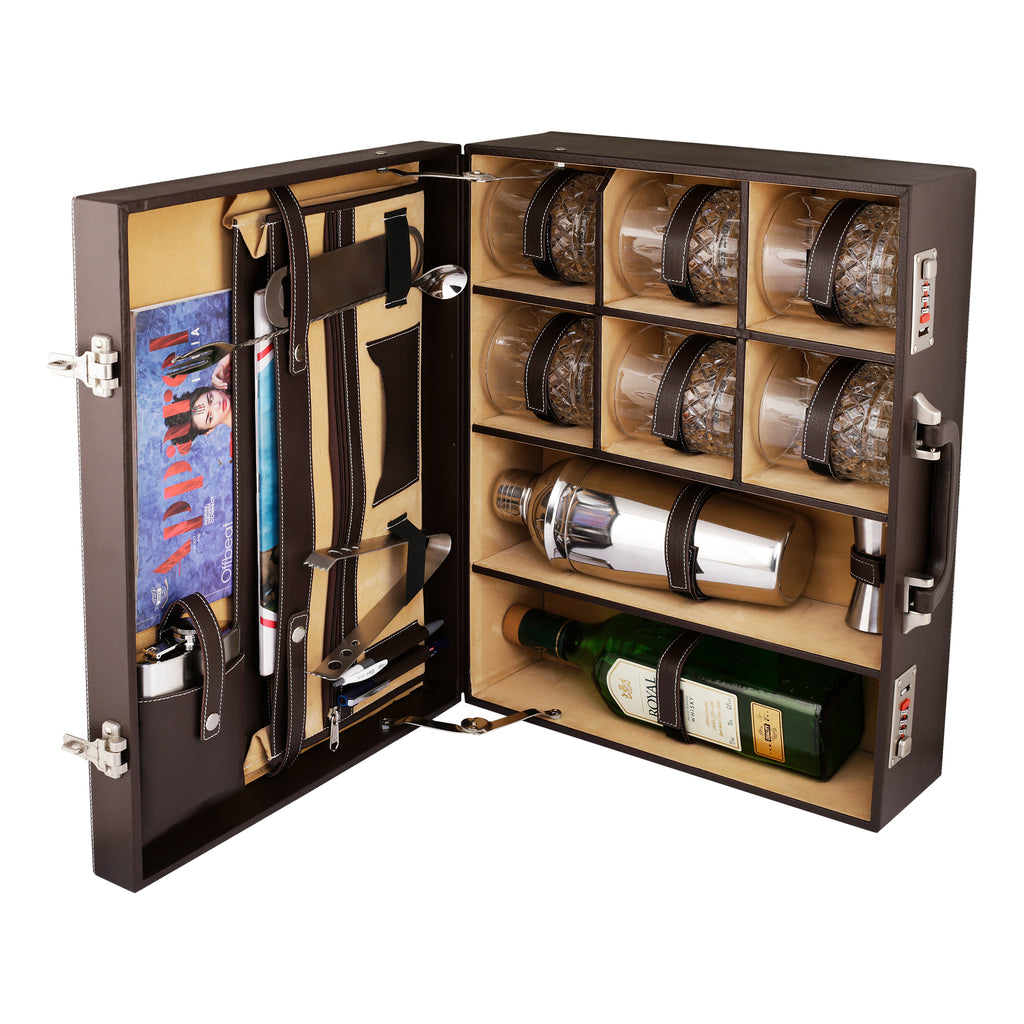 Anything & Everything Leatherette Briefcase Bar Set | Portable Bar Set | Travel Bar Set | Bar Tool Set | Bar Box (Brown & Beige)