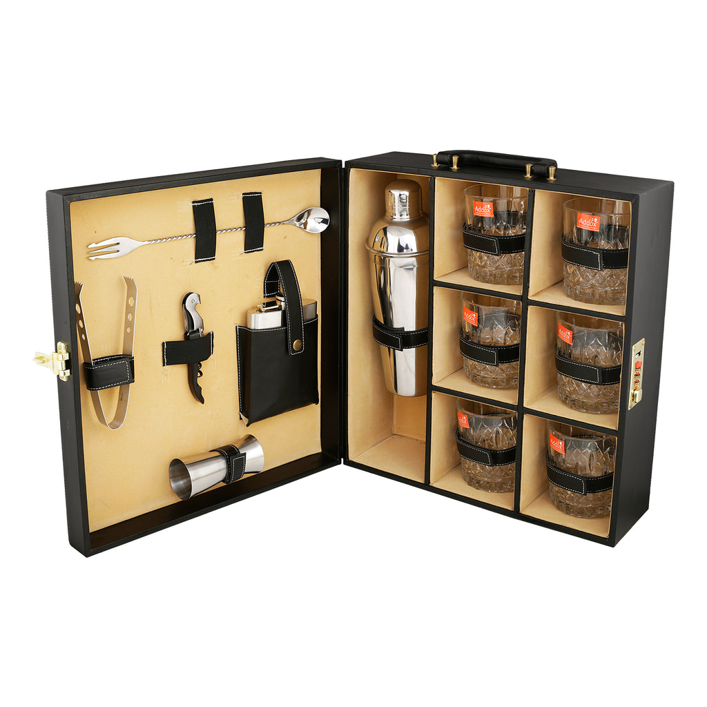 Anything & Everything Portable Cocktail Bar Accessories Set | Travel Bar Set | Portable Bar Box (Holds 06 Glasses) (Black & Beige)