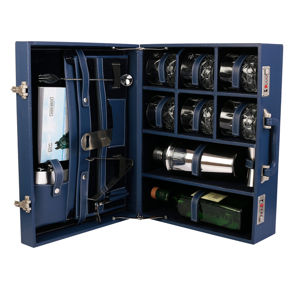 Anything & Everything Leatherette Briefcase Bar Set | Portable Bar Set | Travel Bar Set | Bar Tool Set | Bar Box (Blue & Blue)
