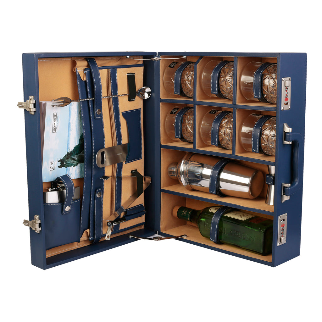 Anything & Everything Leatherette Briefcase Bar Set | Portable Bar Set | Travel Bar Set | Bar Tool Set | Bar Box (Blue & Beige)