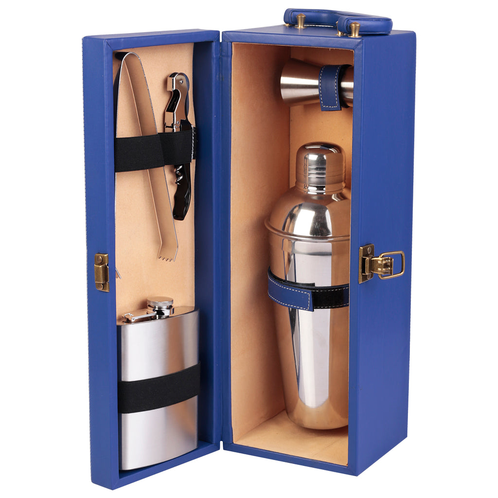 Anything & Everything Bar Accessories Portable Leatherette Bar Set | Whisky Case | Wine Case | Bar Tool Box (Blue & Beige)