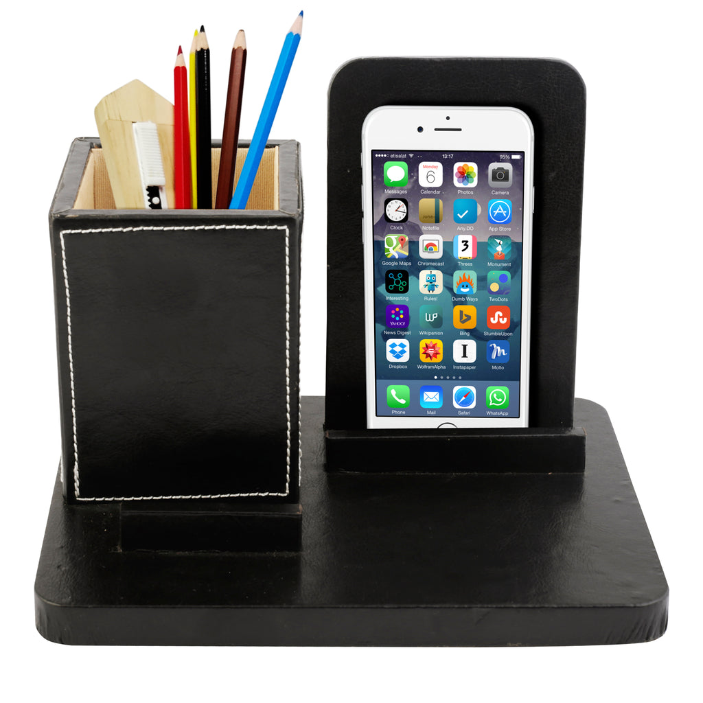 Anything & Everything Wooden Desk Organizer Pen/Pencil Stand, Mobile Holder & Remote Stand for Office Desk/Desktop/Table Storage Organizer Box (Black)