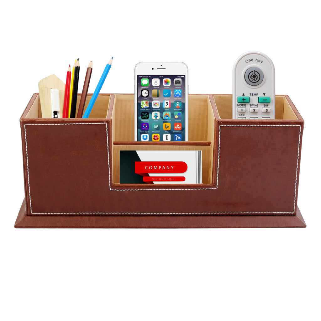 Anything & Everything Wooden Desk Organizer Pen/Pencil Stand, Mobile Holder & Remote Stand for Office Desk/Desktop/Table Storage Organizer Box (Tan)