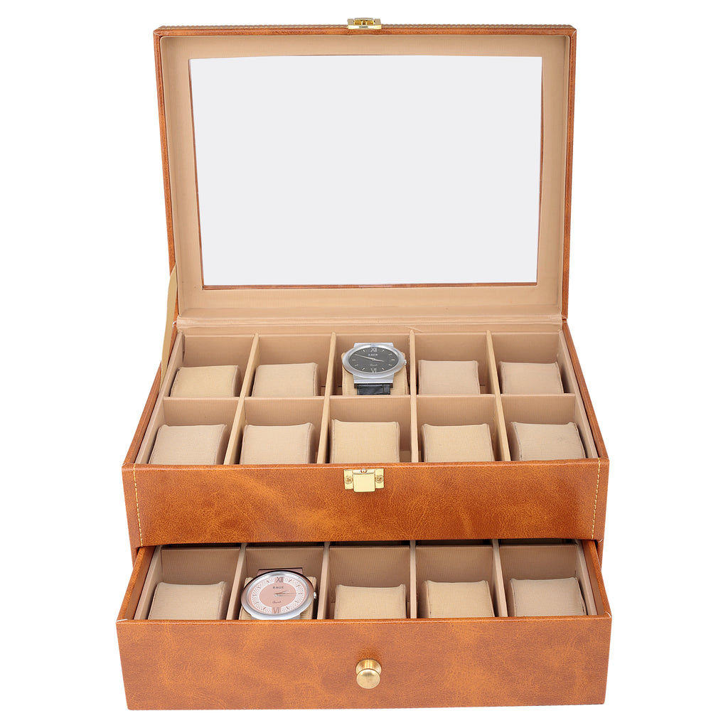 Anything & Everything Watch Box | Watch Case | Watch Holder | Watch Organizer - Holds 20 Watches (BROWN) - Transparent Top