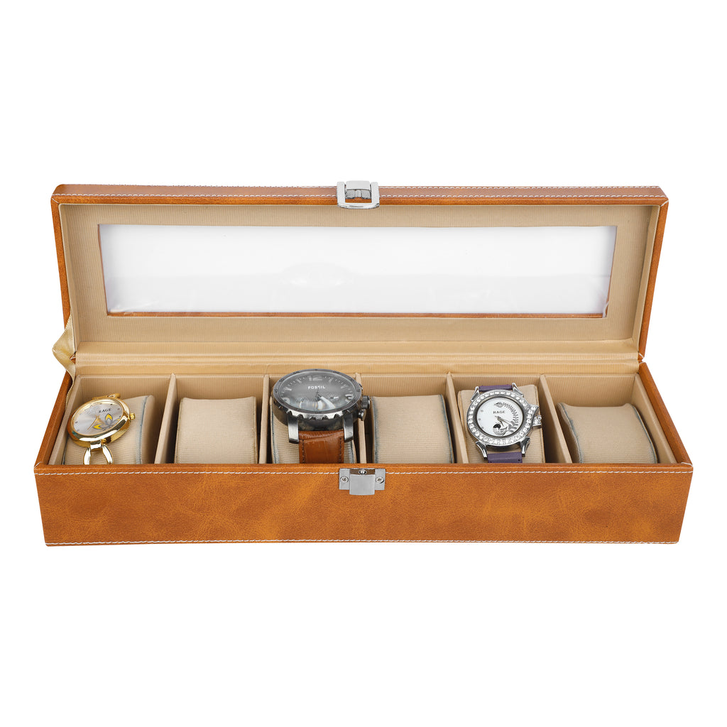 Anything & Everything Watch Box | Watch Case | Watch Holder | Watch Organizer - Holds 06 Watches (BROWN) - Transparent Top
