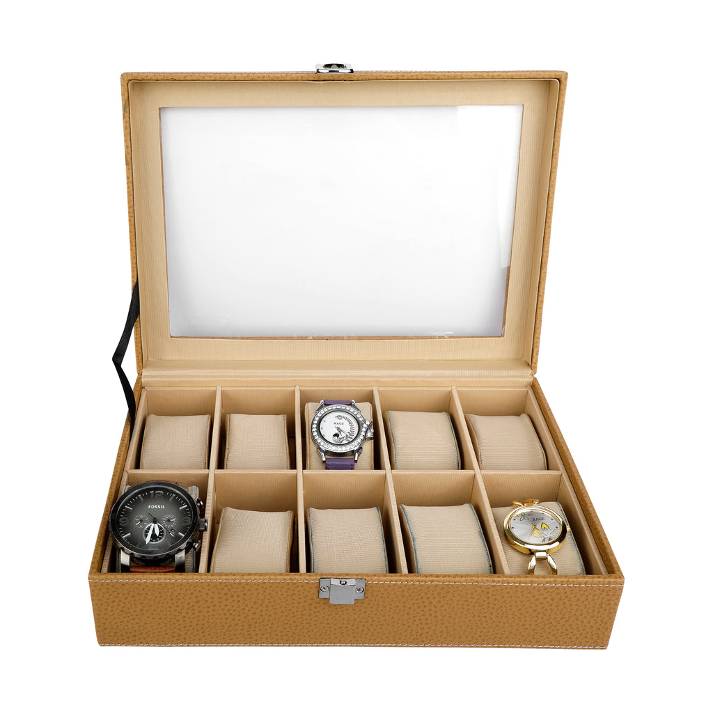 Anything & Everything Watch Box | Watch Case | Watch Holder | Watch Organizer - Holds 10 Watches (BEIGE) - Transparent Top